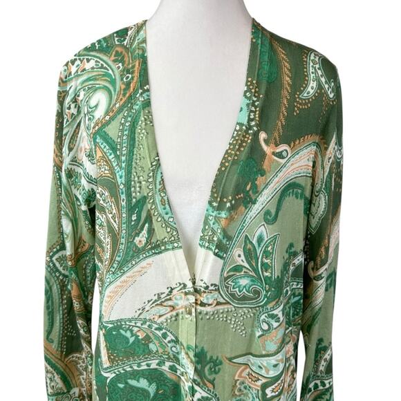 Chico's Green Blue Paisley Long Sleeve Cardigan Sweater Size 1 Medium - Picture 2 of 9